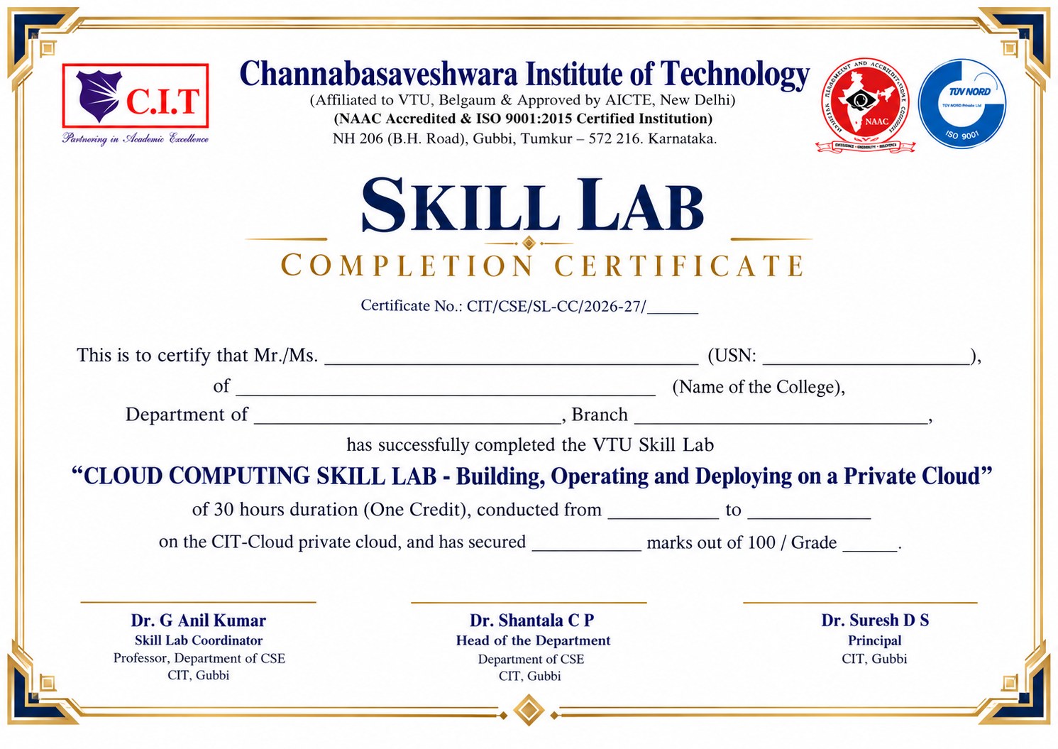 Specimen of the CIT Skill Lab Completion Certificate for the Cloud Computing Skill Lab